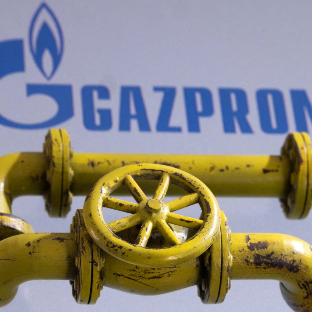 FILE PHOTO: 3D printed Natural Gas Pipes are placed on displayed Gazprom logo in this illustration taken, January 31, 2022. REUTERS/Dado Ruvic/Illustration